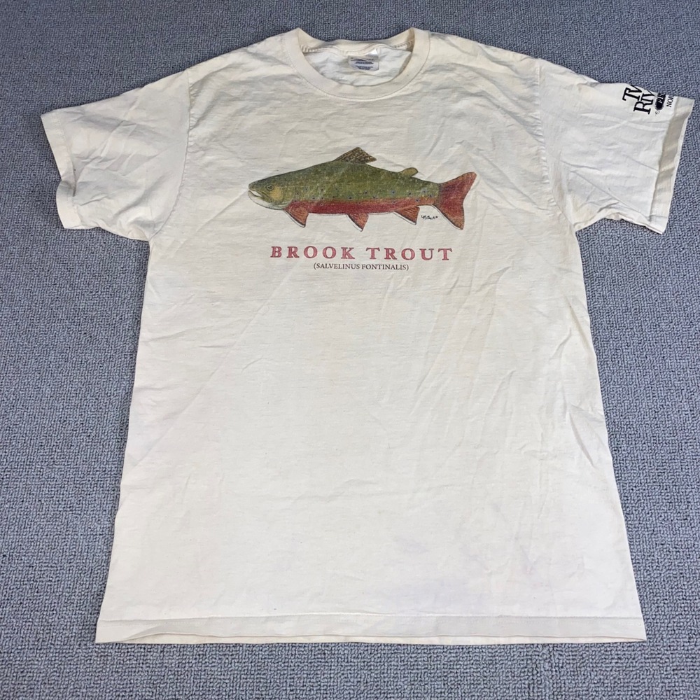 Port and Company Brook Trout T Shirt Mens Large Cream Short Sleeve Fishing Logo